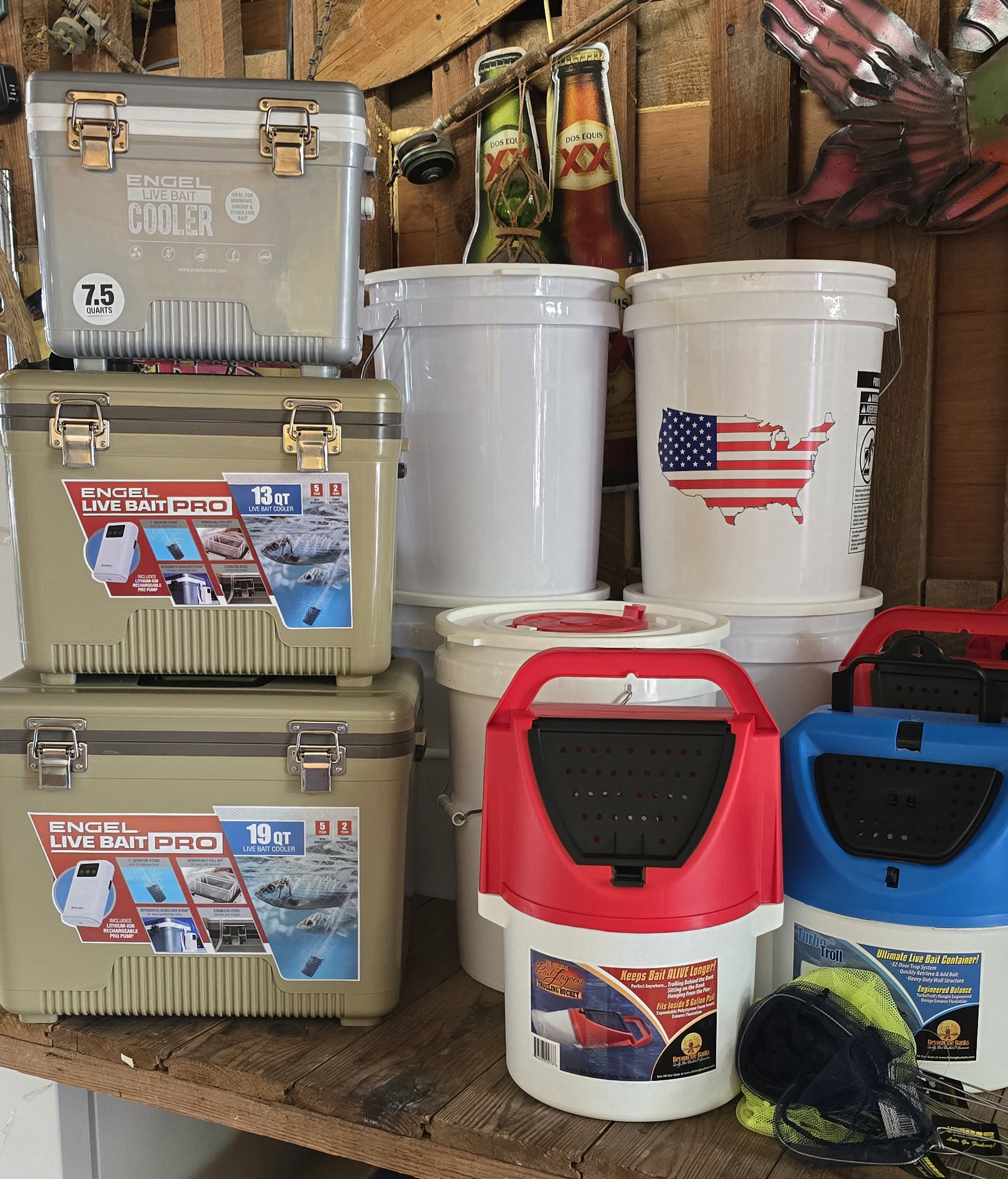 Engel live-bait coolers, minnow buckets, and bait equipment available at Red Barn